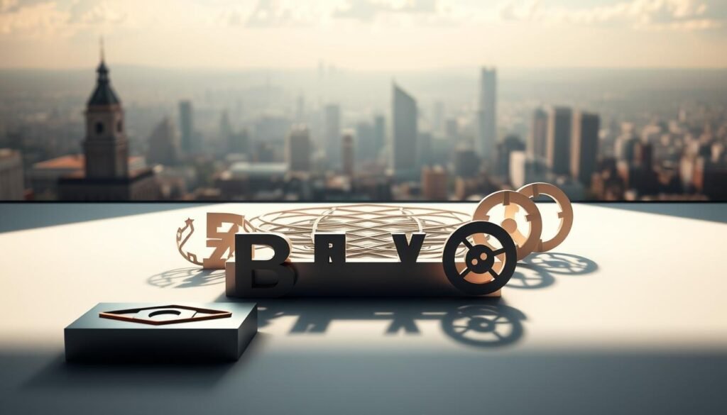 A striking 3D illustration of intricate "protection marques" designed to secure and scale an international brand identity. The foreground features a sleek, minimalist set of geometric shapes and symbols in metallic hues, conveying a sense of strength and security. The middle ground showcases a dynamic pattern of interlocking lines and curves, representing the complex governance and legal frameworks required for global brand expansion. In the background, a soft, blurred landscape of architectural elements and cityscapes suggests the international operational landscape the brand must navigate. Dramatic studio lighting casts dramatic shadows, heightening the sense of precision and sophistication. The overall mood is one of confidence, authority and methodical execution.