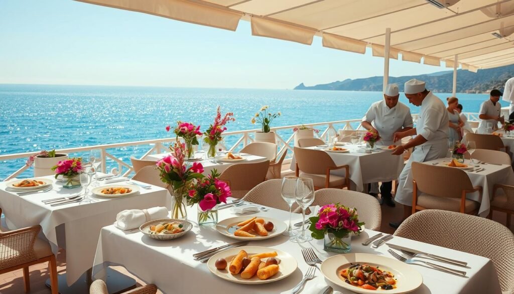 A sun-soaked seaside terrace on the Côte d'Azur, with breathtaking views of the sparkling Mediterranean. Elegant tables are set with crisp white linens, gleaming silverware, and vibrant floral centerpieces. Chefs in pristine white uniforms skillfully plate exquisite seafood dishes, each a work of culinary art. The aroma of freshly baked bread and sizzling grilled fish fills the air, mingling with the gentle sea breeze. Refined yet relaxed, the scene captures the essence of the French Riviera's renowned gastronomy, drawing in discerning diners seeking an unforgettable dining experience amidst the region's natural splendor.