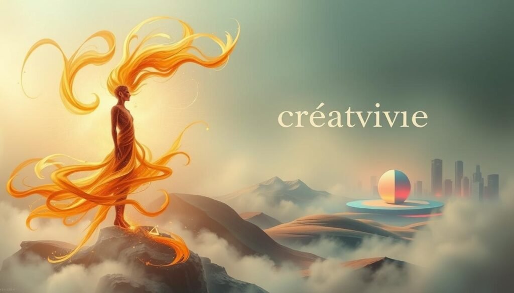 A surreal and dreamlike depiction of "créativité", with a central figure in the foreground embodying the concept. The figure is composed of swirling, luminescent brushstrokes in warm hues, exuding a sense of boundless imagination and expressive energy. The mid-ground features a stylized, abstract landscape with geometric shapes and vibrant colors, hinting at the myriad possibilities of creative thought. The background is shrouded in a soft, ethereal mist, creating a sense of mystery and introspection. Soft, diffused lighting illuminates the scene, lending an aura of contemplation and wonder. The overall composition conveys the profound, yet elusive nature of creativity.