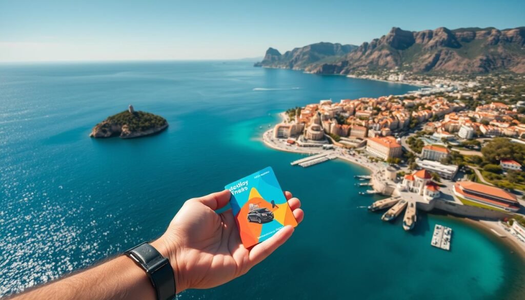 A sweeping aerial view of the picturesque French Riviera, captured with a wide-angle lens. The stunning Mediterranean coastline unfurls below, dotted with charming seaside towns and the glittering azure waters of the Côte d'Azur. In the foreground, a sleek, modern city pass rests in the palm of a hand, its vibrant design and intuitive interface inviting the holder to explore this iconic destination with ease and personalization. The middle ground features iconic landmarks like the Promenade des Anglais and the Massena Square, their elegant architecture and lively atmosphere setting the stage for an immersive visitor experience. In the distance, the rugged Esterel Massif rises, its ochre-hued cliffs and lush vegetation framing the scene with a sense of timeless beauty. The overall mood is one of effortless sophistication, where technology and tradition seamlessly converge to redefine the French Riviera's allure as a premier tourist destination.
