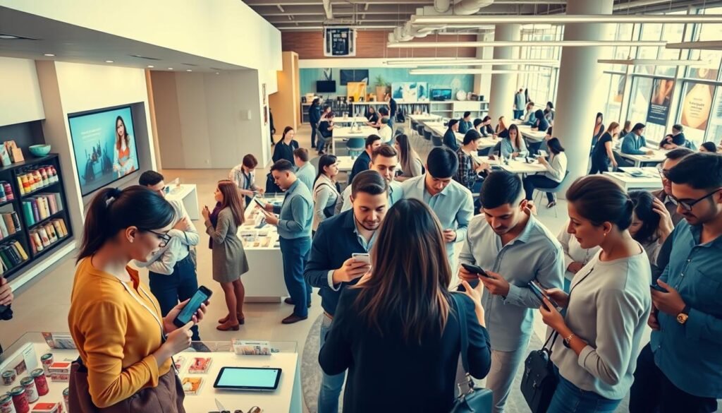 A vibrant and dynamic scene of social commerce, captured with a wide-angle lens in warm, golden afternoon light. In the foreground, a diverse group of people engage in lively discussions and interactions on their smartphones and tablets, surrounded by colorful product displays and interactive screens. The middle ground features a sleek, minimalist retail space with clean lines and elegant furnishings, blending seamlessly with the digital elements. In the background, a modern, open-concept office space bustles with activity, with teams collaborating on various social media and e-commerce initiatives. The overall atmosphere conveys a sense of innovation, connectivity, and the effortless convergence of online and offline experiences.