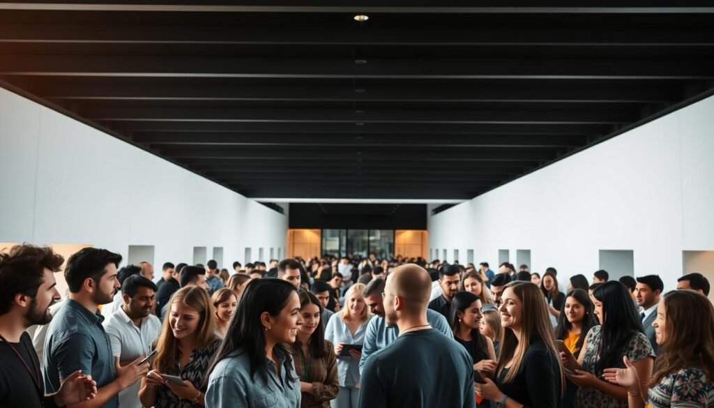 A vibrant, dynamic community gathering in a sleek, modern space. In the foreground, a diverse group of people deeply engaged in conversation, their expressions animated and their gestures animated. In the middle ground, small clusters of individuals collaborating over laptops and tablets, a sense of shared purpose and innovation palpable. The background features a striking minimalist architecture, with clean lines, natural light, and a sense of openness and possibility. The overall mood is one of connection, creativity, and a feeling of being part of something larger than oneself - a community united by a shared vision for the future.