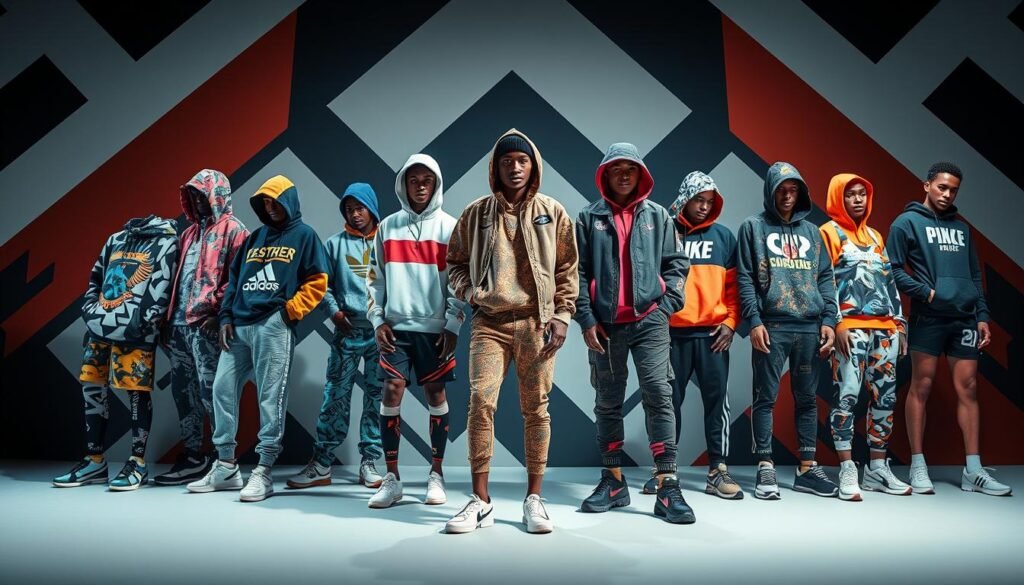 A vibrant, dynamic composition showcasing the intersection of fashion, sport, and artistic collaboration. In the foreground, a diverse ensemble of athletic apparel and accessories featuring bold graphic prints, textured fabrics, and sleek silhouettes. In the middle ground, the interplay of different brand logos and iconography, hinting at innovative cross-industry partnerships. The background features a striking, abstract geometric pattern that evokes the energy and movement of the athletic realm, complemented by a dramatic lighting setup that casts dramatic shadows and highlights the textural details. An overall mood of creativity, dynamism, and the blurring of traditional boundaries between industries.