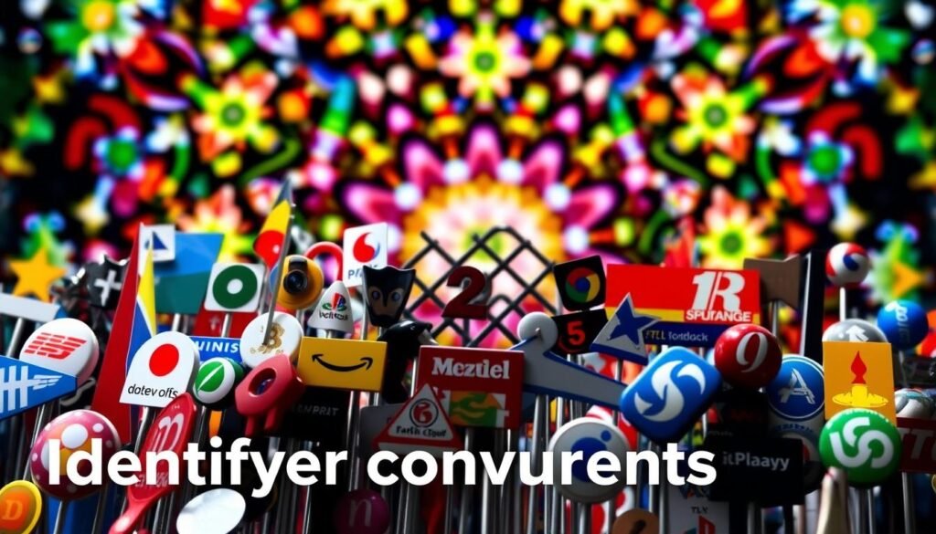 A vibrant, dynamic image showcasing the concept of "identifier concurrents" (competing identifiers). In the foreground, a diverse group of iconic brand symbols and logos representing major industry players, each vying for attention. The middle ground features a lattice-like structure, symbolizing the interconnected web of competitive forces. In the background, a kaleidoscope of colors and shapes, evoking the complexity and ever-changing nature of the competitive landscape. The lighting is dramatic, creating a sense of tension and competition, while the overall composition conveys a sense of strategic analysis and decision-making. The image should inspire a deeper understanding of the methodical approach to conducting a robust competitive analysis.