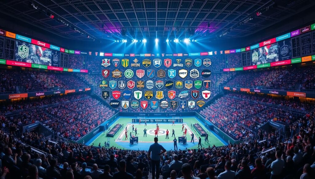 A vibrant, dynamic scene of a stadium filled with professional esports teams competing side-by-side with traditional sports clubs. The foreground features a central stage with players engaged in intense multiplayer action, illuminated by colorful stadium lighting. In the middle ground, team logos and jerseys create a visually striking mosaic, representing the integration of digital and physical sports. The background showcases the grandstands packed with enthusiastic spectators, capturing the energy and excitement of this new frontier where conventional and esports coexist harmoniously. The overall composition conveys a sense of unity, progress, and the blending of time-honored traditions with cutting-edge digital entertainment.