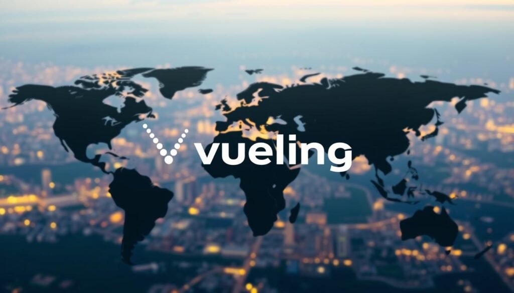 A vibrant global map, showcasing the Vueling brand's international presence. In the foreground, the Vueling logo stands out, its sleek design commanding attention. The middle ground features silhouettes of various countries, each with a distinct shape and color, representing Vueling's diverse market reach. The background is a panoramic view of the world, with a subtle, warm lighting casting a glow across the continents. The overall composition conveys a sense of Vueling's strategic global vision, while hinting at the unique local adaptations required for each market. The image should evoke a feeling of Vueling's ability to "think global, act local" in its branding and marketing approach.