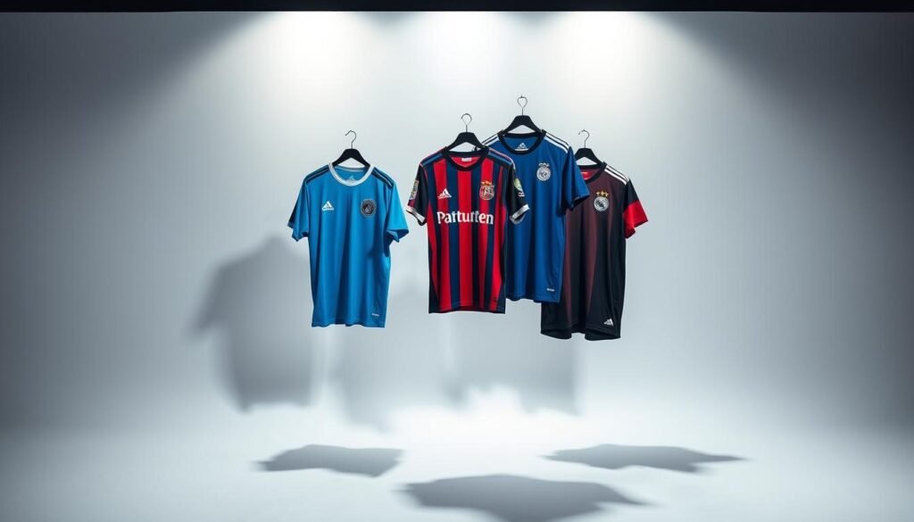 A vibrant, high-fashion photoshoot showcasing a range of exquisite soccer jerseys (maillots) against a sleek, minimalist backdrop. The jerseys are draped and posed elegantly, highlighting their bold, distinctive designs and premium materials. Dramatic lighting casts dramatic shadows, creating depth and a sense of luxury. The jerseys are the stars, presented as desirable fashion pieces rather than just sports apparel. The overall mood is sophisticated, aspirational, and evocative of global brand power and international appeal.