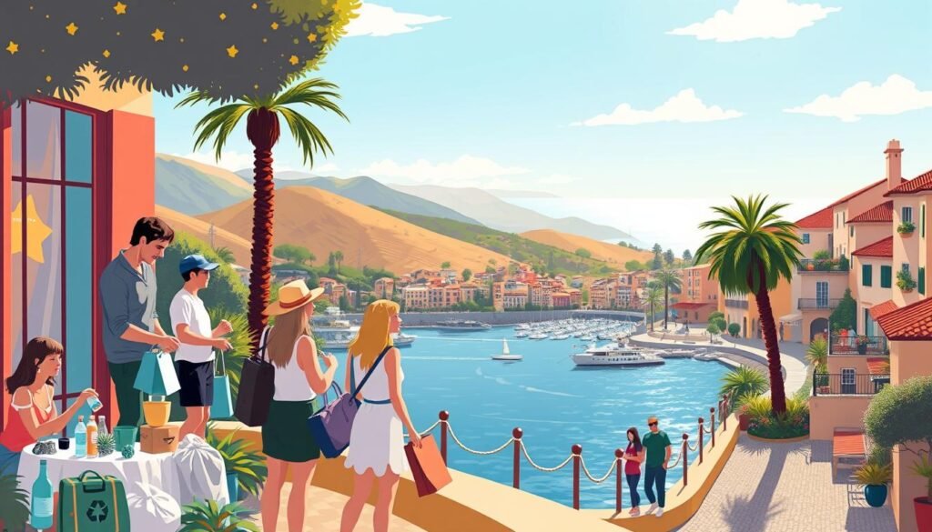 A vibrant illustration of sustainable travel gestures on the French Riviera. Depicted in a warm, inviting palette, the foreground showcases a group of people engaged in eco-friendly activities - recycling, turning off lights, and packing reusable items. The middle ground features picturesque seaside landscapes, with rolling hills, swaying palm trees, and the shimmering Mediterranean in the distance. The background subtly hints at the region's architectural heritage, with terracotta-roofed buildings and cobblestone streets. Soft, directional lighting accentuates the positive, responsible actions, creating an aspirational, feel-good atmosphere that inspires mindful tourism.