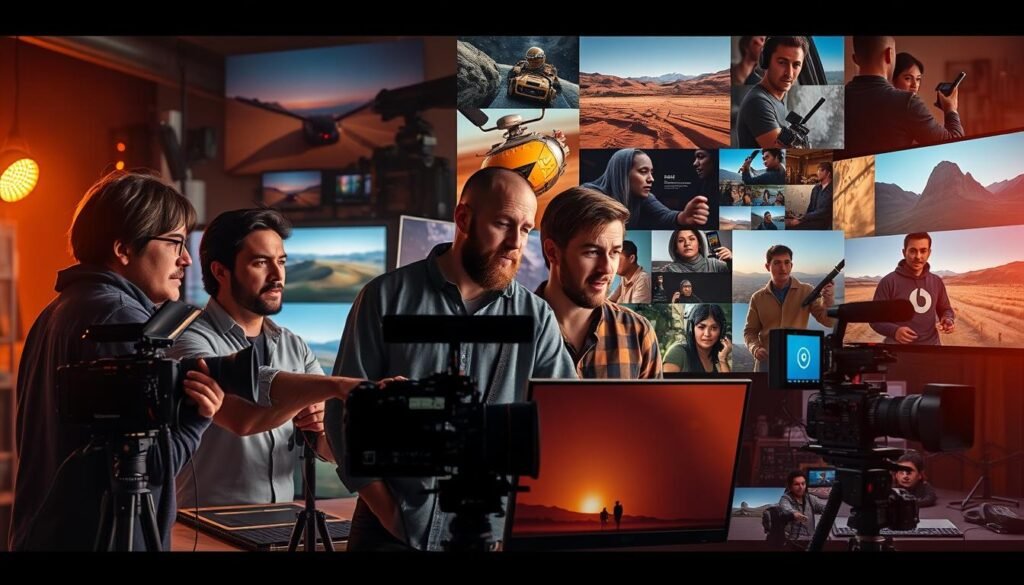 A vibrant montage showcasing the dynamic process of video production. In the foreground, a team of filmmakers collaborate, their expressions focused as they review footage on a sleek, high-resolution editing suite. The middle ground features a variety of modern, versatile video production tools - from professional-grade cameras and lighting rigs to intuitive video editing software. In the background, a collage of visual elements hints at the diverse creative possibilities - sweeping landscape shots, close-ups of expressive faces, and dynamic action sequences. The scene is bathed in a warm, cinematic lighting that enhances the sense of energy and creativity. The overall atmosphere conveys the excitement and efficiency of a well-oiled video production workflow.