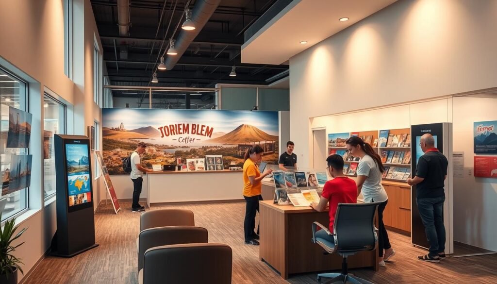 A vibrant office of a tourism information center, with a warm, inviting atmosphere. The front desk is manned by friendly staff, guiding visitors through an array of brochures and maps. Soft lighting illuminates the space, with large windows allowing natural light to flow in. Modern, ergonomic furniture and a sleek, minimalist design create an efficient yet comfortable environment. The walls are adorned with eye-catching displays showcasing local attractions, events, and activities, inspiring the audience to explore the destination. An information kiosk stands prominently, providing digital resources and interactive exhibits. Overall, a well-organized and visually appealing office that embodies the spirit of tourism and hospitality.