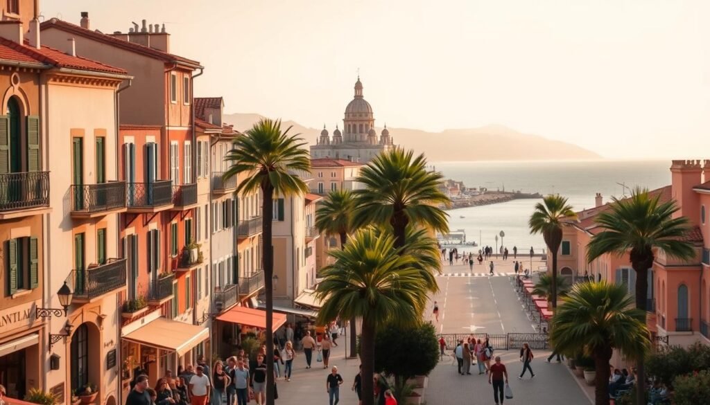 A vibrant outdoor scene in the French Riviera, capturing the rich cultural heritage and artistic essence of the region. In the foreground, a quaint village square bustles with locals and visitors, surrounded by historic buildings adorned with colorful facades and intricate architectural details. In the middle ground, a picturesque promenade lined with palm trees leads towards a seaside vista, where a stunning cathedral or museum stands tall, its spires and domes silhouetted against a warm, golden-hued sky. The scene is bathed in soft, diffused lighting, creating a serene and inviting atmosphere that encourages the viewer to immerse themselves in the local culture and traditions.