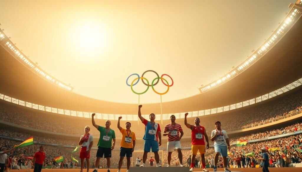 A vibrant scene of the Olympic Games, captured with a cinematic flair. In the foreground, a group of athletes, adorned in their national colors, stand proudly on the podium, their faces radiating triumph and joy. The middle ground features the bustling stadium, filled with cheering spectators, waving flags and banners. Towering in the background, the iconic Olympic rings gleam under the warm, golden light of the sun, casting a sense of grandeur and prestige over the entire scene. The overall atmosphere exudes a palpable energy, capturing the essence of the Olympic spirit and the thrill of athletic achievement.