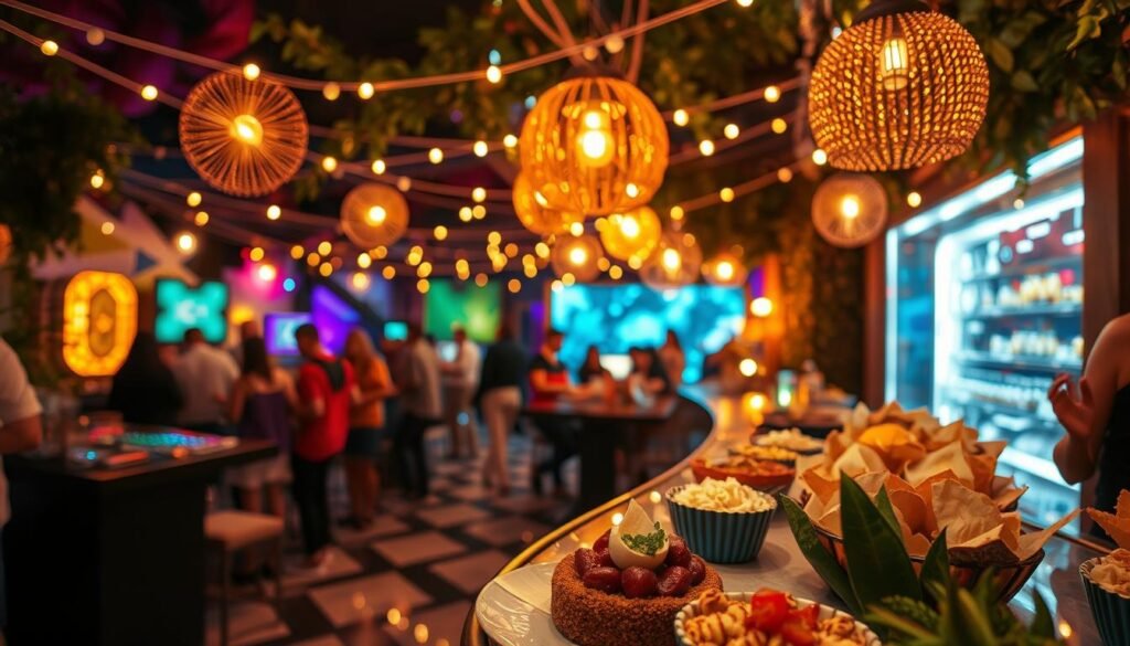 A vibrant sensory experience, with a harmonious blend of sights, sounds, and textures. In the foreground, a pulsing soundscape envelops the viewer, with rhythmic waves of electronic music and the subtle hum of conversation. Kaleidoscopic lights dance across the scene, casting a warm, inviting glow that highlights the intricate details of the environment. In the middle ground, an array of sumptuous culinary delights tempt the senses, each morsel a delicate balance of flavors and textures. Meandering through this immersive setting, the viewer is drawn into a captivating world that stimulates every facet of their sensorial experience. The overall atmosphere is one of immersion, wonder, and a deep connection to the present moment.