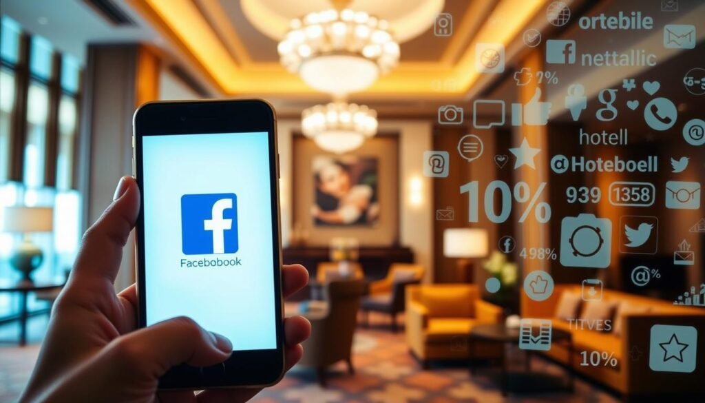 A vibrant, social media-inspired scene showcasing the impact of Facebook on hotel bookings. In the foreground, a smartphone displays the Facebook app, its iconic blue and white interface illuminated by soft, diffused lighting. The middle ground features a luxurious hotel lobby, with plush furnishings and warm, inviting tones. In the background, a collage of social media icons and engagement metrics suggests the organic and paid strategies hotels employ to drive reservations through this powerful platform. The overall composition conveys the seamless integration of digital marketing and the physical hotel experience, creating a visually engaging representation of the subject matter.