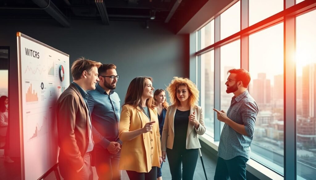 A vibrant, strategically-focused marketing concept with a dynamic, forward-looking atmosphere. In the foreground, a team of diverse, creative professionals collaborating on a digital whiteboard, their expressions focused and engaged. In the middle ground, abstract data visualizations and analytical tools highlighting key performance metrics. In the background, a sleek, minimalist office space with large windows overlooking a modern cityscape, bathed in warm, directional lighting that accentuates the sense of progress and momentum. The overall scene conveys a harmonious blend of strategy, data-driven insights, and collaborative execution, emblematic of marketing leadership and excellence.
