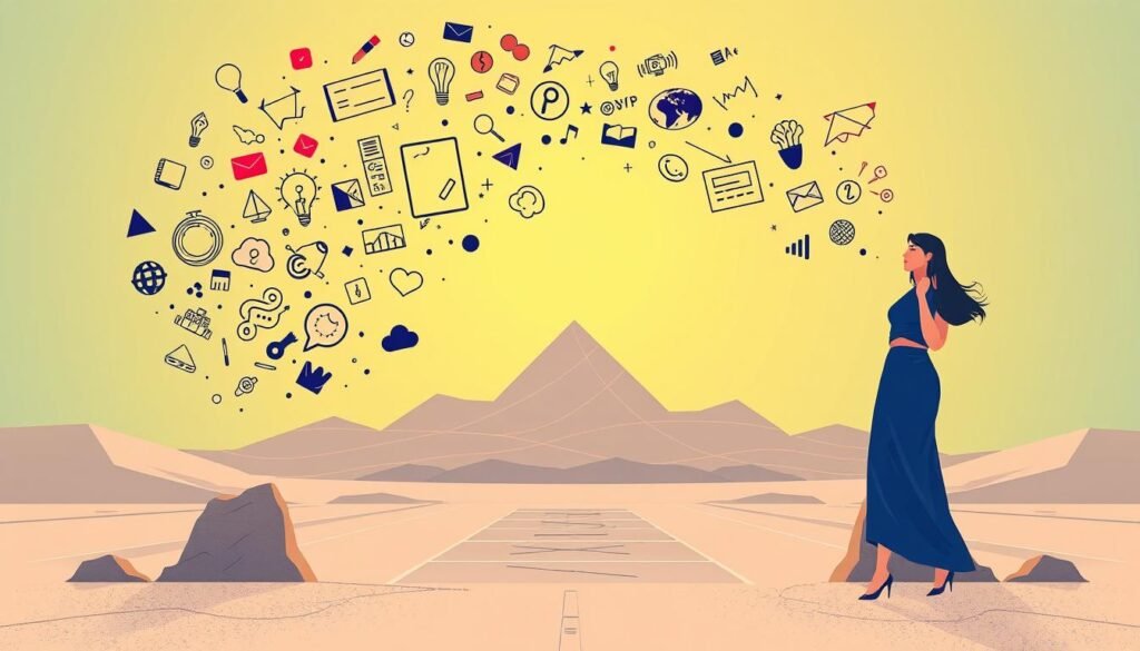 A vibrant, thought-provoking digital illustration showcasing the concept of "thought leadership contenus." The foreground depicts a female figure, elegantly poised, embodying a sense of authority and intellectual depth. She is surrounded by a swirling array of abstract shapes and symbols, representing the flow of ideas, insights, and innovative thinking. The middle ground features a geometric, minimalist landscape, with clean lines and a muted color palette, creating a visually striking and modern backdrop. The background is bathed in a warm, golden glow, radiating a sense of illumination and inspiration. The overall composition exudes a sense of clarity, focus, and the transformative power of thought leadership.