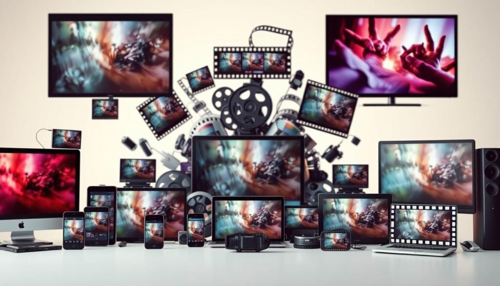 A visually striking composition showcasing various video content formats. In the foreground, a diverse array of screens and devices - smartphones, tablets, laptops, and television sets - displaying different video formats such as 4K, HD, vertical, widescreen, and more. The middle ground features a dynamic arrangement of film reels, videotapes, and other physical media, hinting at the evolution of video technology. The background is a soft, diffused light, creating a sense of depth and highlighting the three-dimensional nature of the scene. The overall mood is one of innovation, progress, and the seamless integration of video formats into our digital lives.