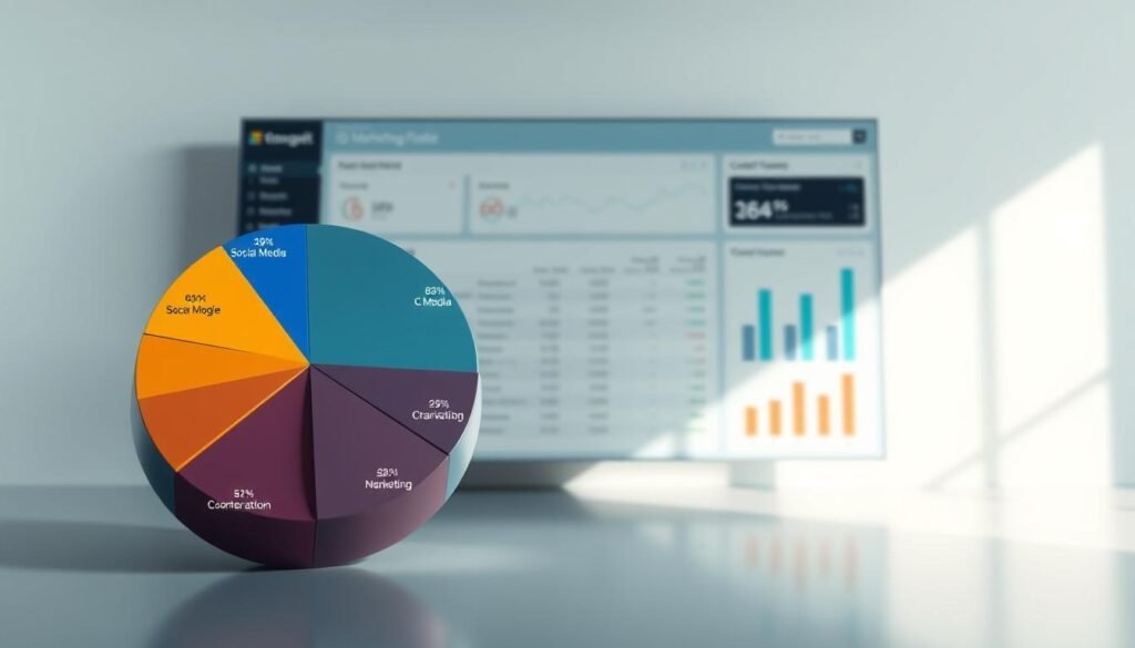 A visually striking data visualization depicting the strategic allocation of a sizable marketing budget across multiple digital channels. The foreground showcases a detailed pie chart, its segments representing the precise distribution of funds allocated to various online platforms such as social media, search engine advertising, email marketing, and content creation. The middle ground features a sleek, modern dashboard interface, allowing for real-time monitoring and optimization of campaign performance. The background is a minimalist, yet sophisticated setting, bathed in soft, directional lighting that highlights the clean, data-driven aesthetics. The overall composition conveys a sense of control, efficiency, and a data-driven approach to maximizing the return on investment for this ambitious marketing initiative.