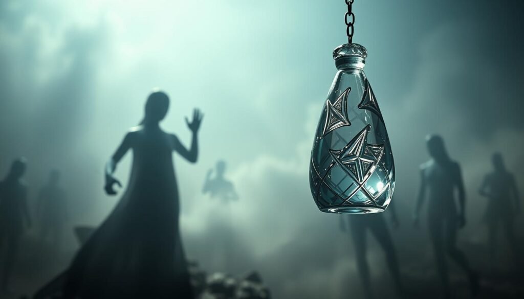 A visually striking scene depicting the risks and challenges of the metaverse for luxury brands. In the foreground, a fragile crystal glass sculpture representing a luxury brand's reputation hangs precariously, casting an ominous shadow. In the middle ground, ghostly digital avatars appear to be grasping at the glass, hinting at the potential for misuse or misrepresentation of brand identity. The background is a surreal, hazy landscape of glitching digital artifacts, suggesting the unpredictable and unstable nature of the metaverse. The lighting is moody and atmospheric, creating a sense of unease and tension. The overall composition conveys the delicate balance between the opportunities and risks that luxury brands face as they navigate the uncharted territory of Web3.