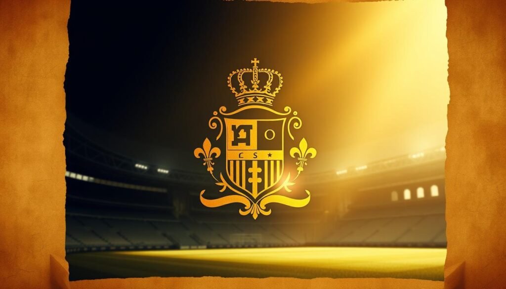 An elegant, timeless soccer crest glimmering under a soft, golden light. Intricate heraldic details - a regal crown, ornate fleurs-de-lis, and a bold, iconic shield - symbolize the storied legacy of a legendary club. Textured, aged parchment frames the crest, hinting at centuries of history and tradition. In the background, a shadowy silhouette of a grand, gothic stadium looms, its towering arches and weathered stone walls evoking the club's hallowed grounds. This image captures the essence of a cherished past, while hinting at the dynamic possibilities of the future - a balance of heritage and innovation that embodies the soul of the club.