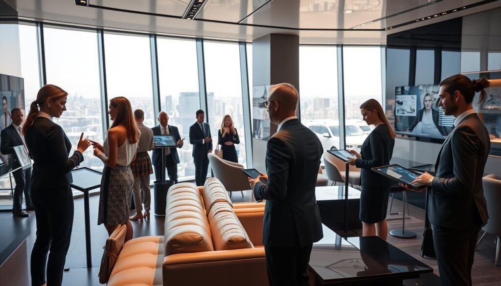 An immersive luxury experience in a sleek, modern showroom. In the foreground, a group of elegantly dressed customers engage with interactive displays, gesturing and navigating through digital interfaces. The middle ground features plush seating and high-end furnishings, creating a sophisticated ambiance. The background showcases floor-to-ceiling windows, allowing natural light to flood the space and offering a glimpse of a bustling city skyline beyond. Soft, warm lighting accentuates the refined textures and materials, while subtle reflections on the glossy surfaces add depth and a sense of exclusivity. The overall atmosphere exudes a harmonious blend of technology, elegance, and personalized attention, capturing the essence of "expériences immersives et plateformes interactives" in the luxury sector.