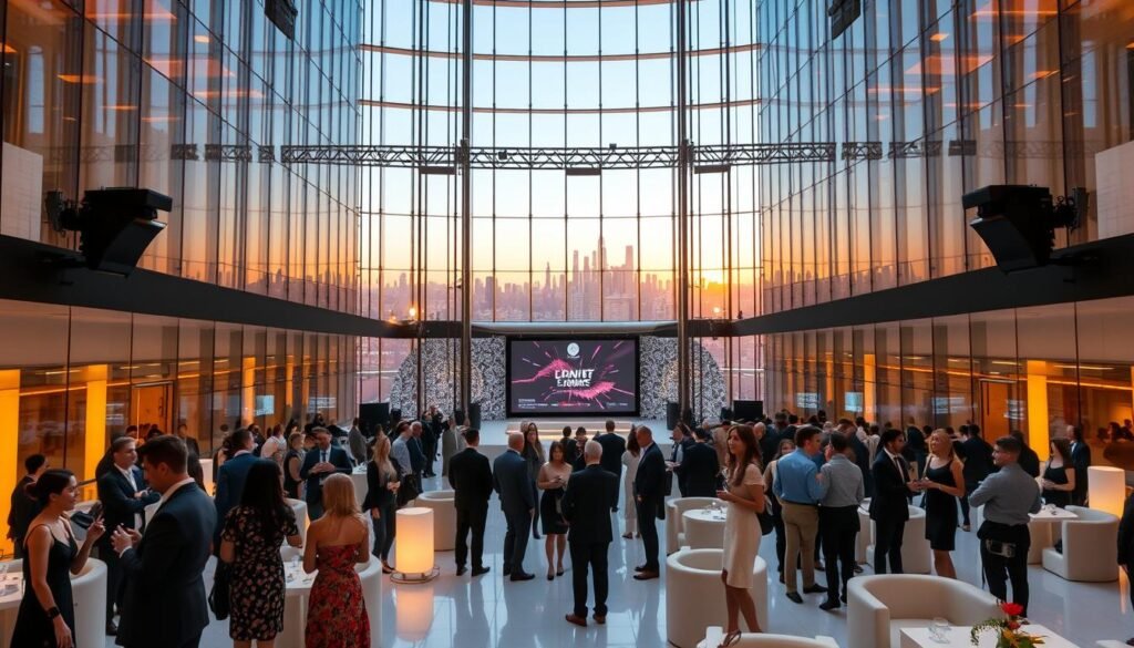 Captivating corporate event: a grand atrium filled with towering glass walls, bathed in warm, diffused lighting that casts a serene ambiance. Sleek, modern furnishings and minimalist decor create an air of sophistication. In the foreground, a group of elegantly dressed attendees mingle and converse, their expressions animated and engaged. The middle ground features a stunning stage setup, with a large, curved screen displaying captivating visuals that draw the audience's attention. The background showcases breathtaking city skyline views, hinting at the global significance of the event. The overall scene exudes a sense of exclusivity, innovation, and memorable experiences that leave a lasting impression.