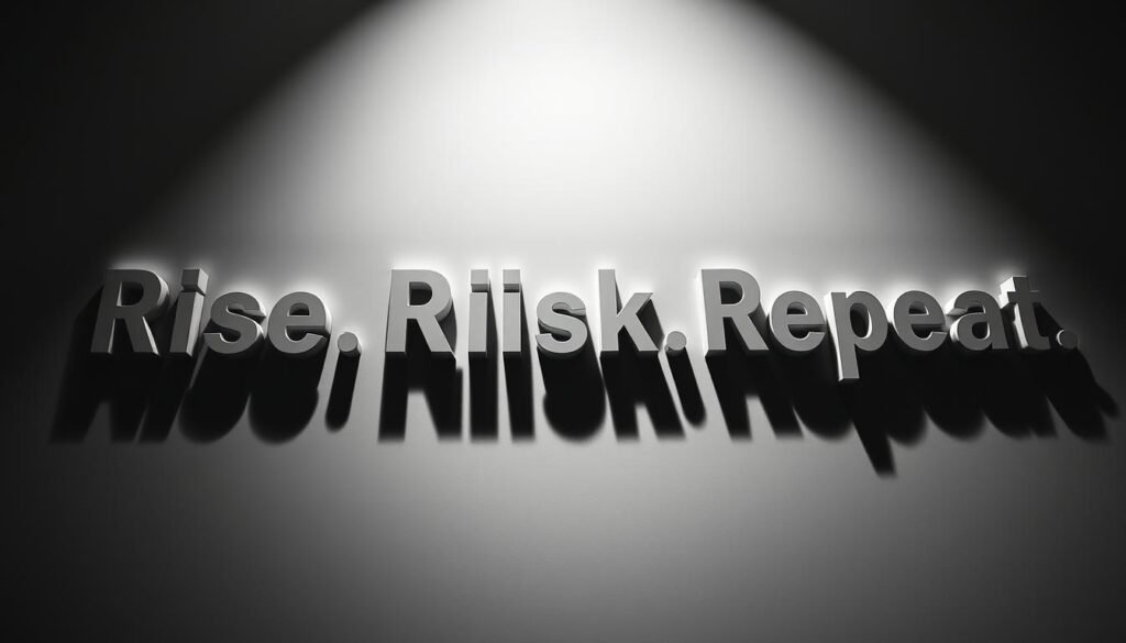Dramatic overhead view of a bold, minimalist typographic composition against a sleek, monochromatic background. The words "Rise.Risk.Repeat" are rendered in a striking, geometric sans-serif font, with each word stacked vertically to create a sense of dynamism and forward momentum. The letters cast dramatic shadows, adding depth and dimension to the design. The overall atmosphere is one of power, determination, and a willingness to take bold steps - capturing the essence of the AS Monaco brand and its "Rise.Risk.Repeat" ethos. Dramatic studio lighting illuminates the scene, creating high-contrast shadows and highlights that emphasize the striking visual impact.