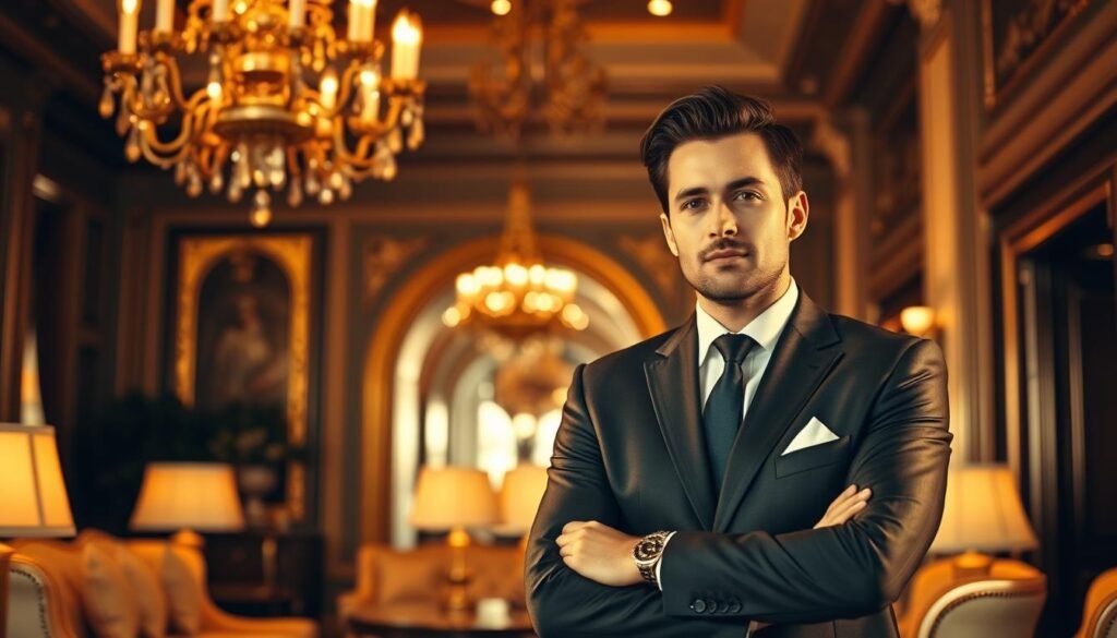Elegant and refined marketing influence in a high-end luxury setting. A sophisticated, well-dressed individual stands confidently, commanding attention amidst a backdrop of luxurious furnishings, opulent chandeliers, and ornate architectural details. Warm, golden lighting casts a flattering glow, capturing the essence of luxury and exclusivity. The subject's expression radiates authority, charisma, and the ability to sway influential partners and investors. The overall scene conveys a sense of prestige, elegance, and the power of persuasive marketing within the high-end, B2B luxury landscape.