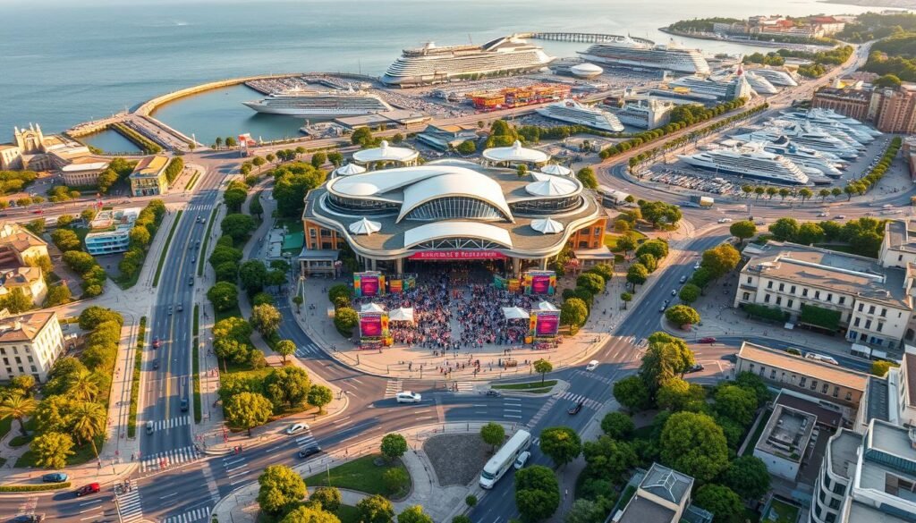 Gestion flux touristiques: A sprawling aerial view of a coastal French city in 2025, bustling with activity. In the foreground, well-organized pedestrian and vehicle traffic flows seamlessly through picturesque boulevards lined with lush greenery. In the middle ground, a grand cultural event venue hosts a lively festival, its modern architecture and colorful banners drawing crowds. In the background, a marina brimming with luxury yachts and cruise ships, reflecting the city's prominence as a premier tourist destination. The scene is bathed in warm, golden hour lighting, conveying a sense of prosperity and vibrant tourism. The overall atmosphere evokes France's ability to reinvent its appeal through strategic event planning and infrastructure management.