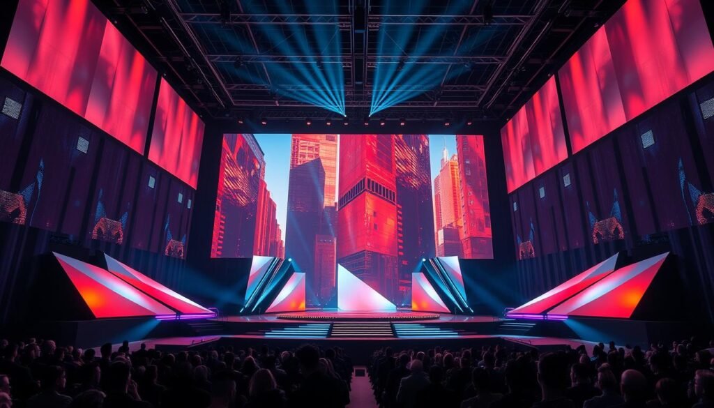 Immersive corporate stage design, a seamless blend of captivating visuals and engaging atmosphere. Towering backdrops of sleek, contemporary architecture, accented with dynamic lighting that casts dramatic shadows. In the foreground, a sprawling stage setup with bold geometric shapes, smooth metallic surfaces, and vibrant, pulsing LEDs. The scene exudes a sense of innovation, technology, and a touch of futuristic wonder, creating an unforgettable experience that transports the audience into the heart of the event.