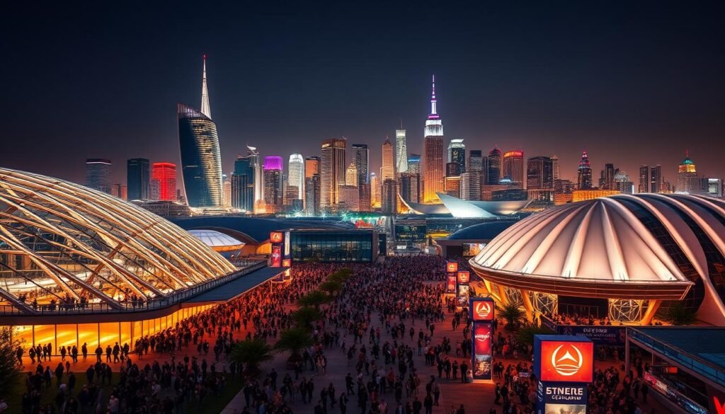 Imposing modern event infrastructure set against a backdrop of vibrant urban landscapes. In the foreground, large event venues, convention centers, and arenas with sleek architectural designs and state-of-the-art amenities. In the middle ground, bustling crowds of attendees navigating the event spaces, capturing the energy and excitement. The background features a skyline of towering skyscrapers and iconic landmarks, conveying a sense of destination grandeur. Dramatic lighting, with warm, vivid tones that emanate an atmosphere of sophistication and success. A carefully curated scene that showcases the power of events to enhance a city's attractiveness and draw.