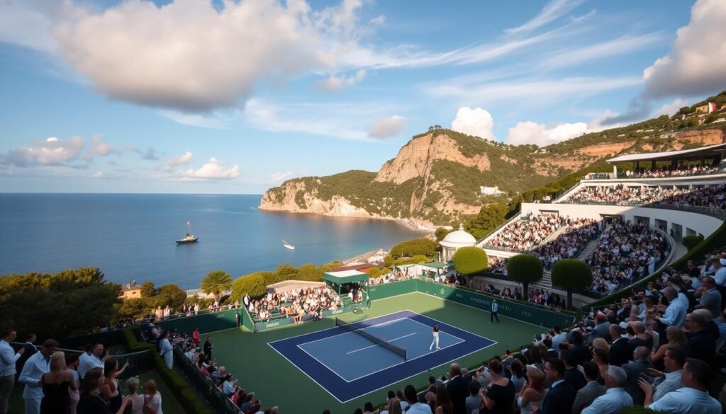 Majestic tennis courts nestled against a backdrop of azure skies and towering cliffs, capturing the grandeur of the Monte-Carlo Masters tournament. A serene oasis of lush greenery and pristine white clay, where the world's top players engage in a ballet of power and precision. Elegant spectators adorned in sophisticated attire, sipping champagne and indulging in the luxurious hospitality that defines this exclusive event. Dramatic lighting casts dynamic shadows, heightening the sense of drama and tension on the court. Capture the essence of this opulent sporting experience, where the elegance of tennis and the allure of luxury converge in a captivating display.