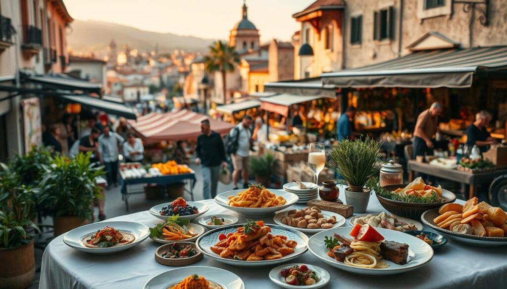 Prompt A culinary landscape showcasing the gastronomic essence of a destination. In the foreground, a table adorned with a sumptuous spread of local delicacies, each dish meticulously plated and artfully presented. In the middle ground, the bustling activity of a vibrant market, with vendors selling fresh produce and artisanal goods. The background features the iconic architecture and scenic vistas that define the region, bathed in warm, golden-hour lighting. The mood is one of sophistication, celebration, and a deep appreciation for the culinary traditions that shape the identity of this destination.