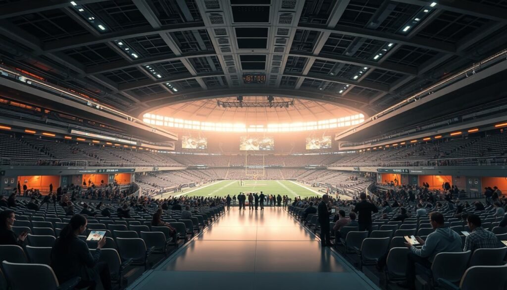 Prompt A futuristic, connected stadium with state-of-the-art technology seamlessly integrated throughout. The vast, expansive interior is bathed in a warm, ambient glow, highlighting the sleek, modern design of the seats, concessions, and digital displays. Fans navigate the space effortlessly, using their mobile devices to access real-time data, order refreshments, and immerse themselves in an enhanced game-day experience. In the background, advanced sensors and infrastructure discreetly power the stadium's intelligent systems, optimizing crowd flow, energy efficiency, and fan engagement. An atmosphere of excitement and anticipation pervades the scene, as this cutting-edge venue represents the future of sports entertainment.